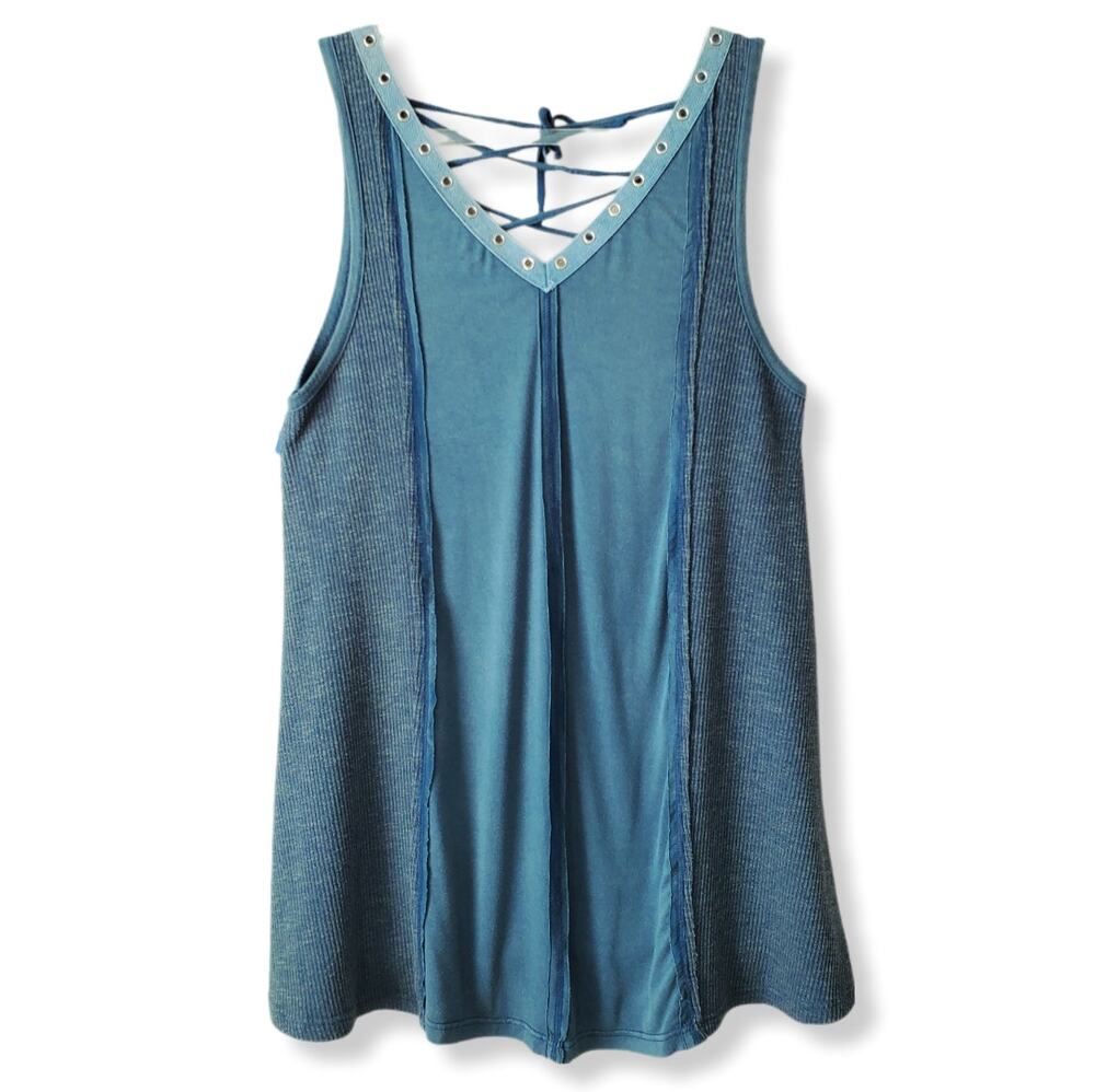 POL Boho Sleeveless Swing Dress L Blue Grunge Beach Casual Hippie Festival NEW